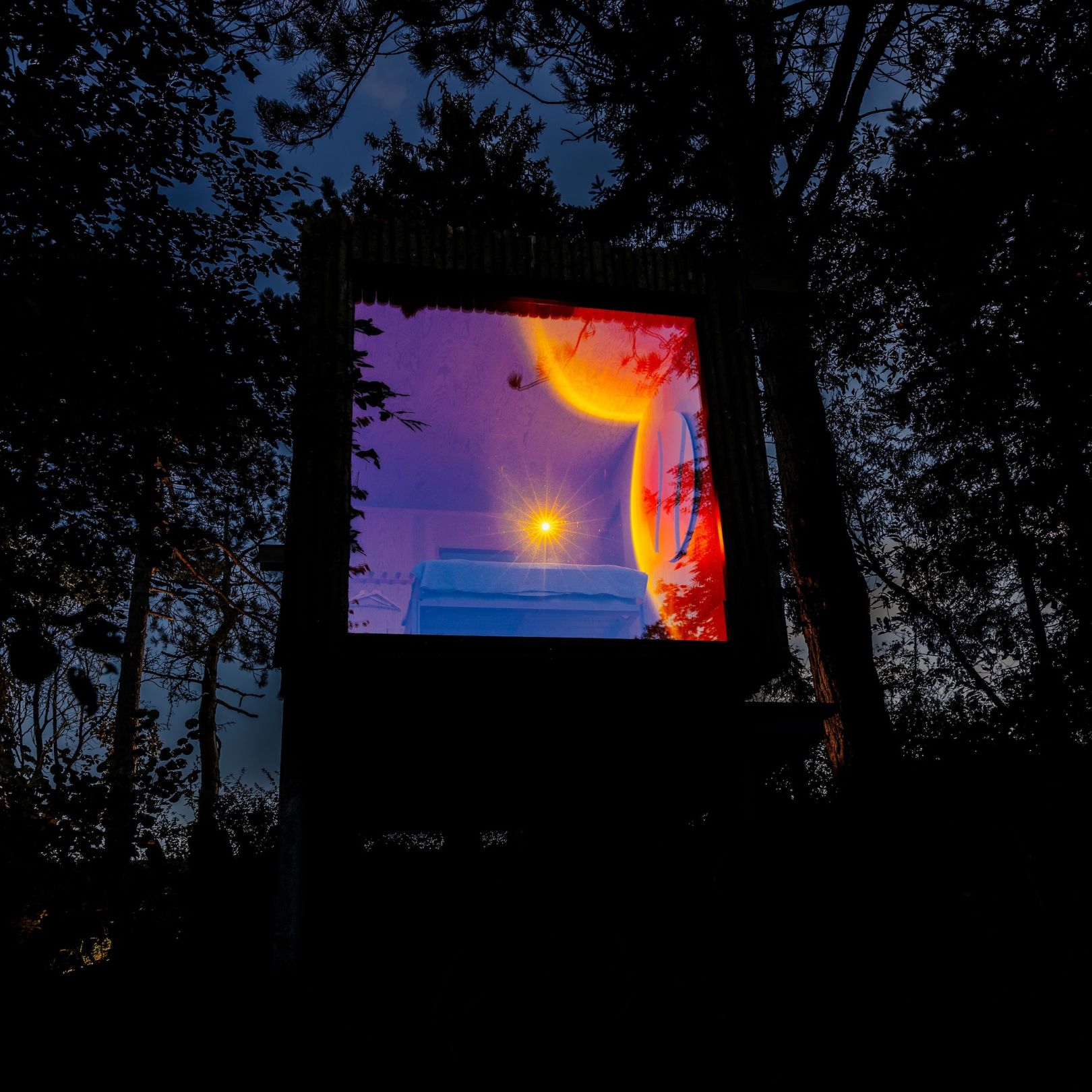 3D light-up wall art by Arturel x Mandalaki, featuring illuminated acoustic panels in a forest setting.